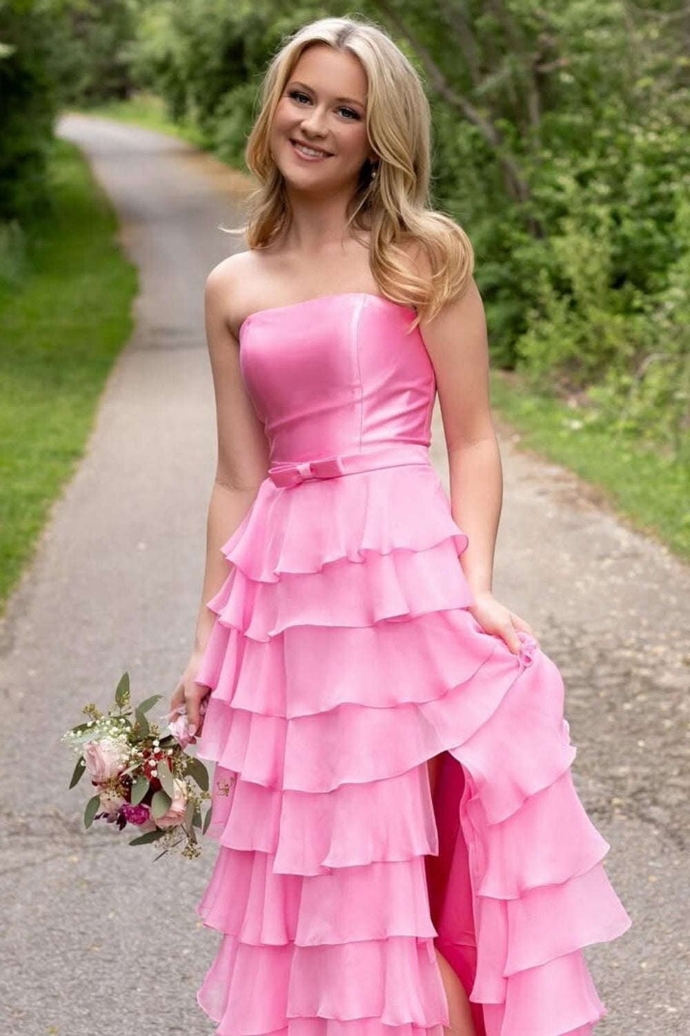 Srtapless A-line Ruffle Bow Prom Dress with Slit in Pink