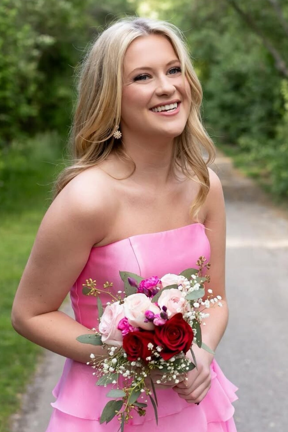 Srtapless A-line Ruffle Bow Prom Dress with Slit in Pink