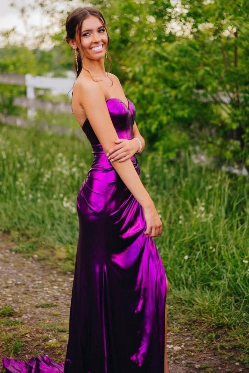 Sweetheart Metallic Ruched Prom Dress with Slit in Purple