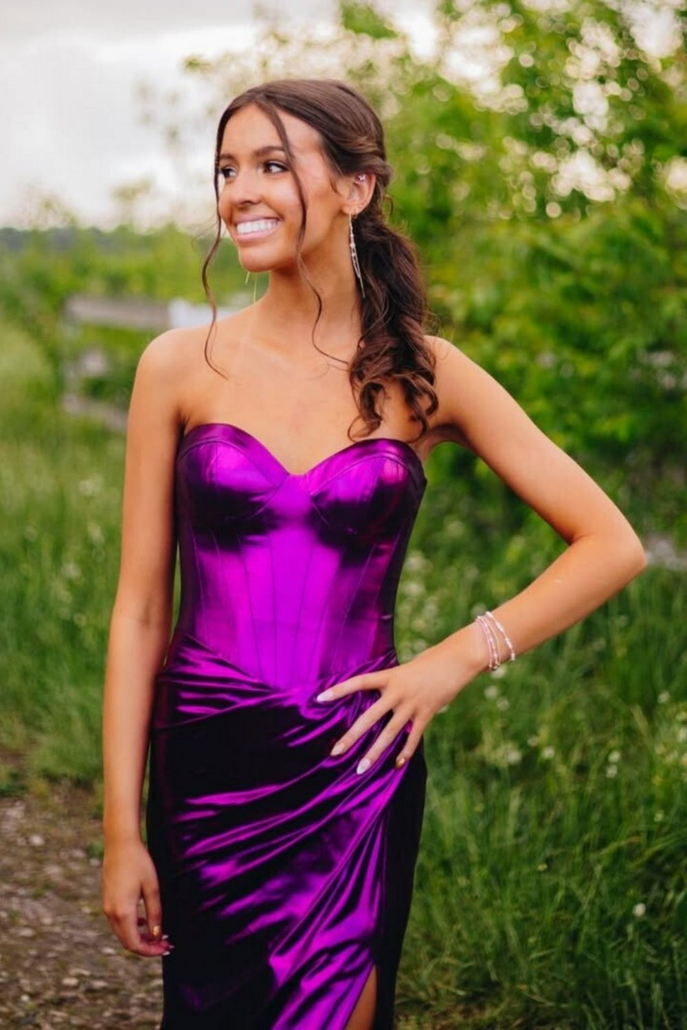 Sweetheart Metallic Ruched Prom Dress with Slit in Purple