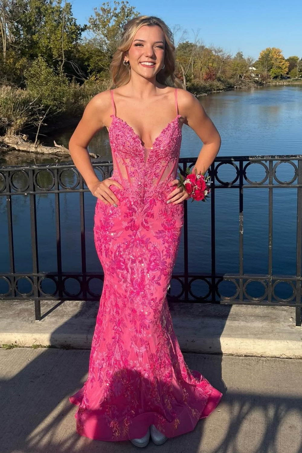 Lace Applique Mermaid Spaghetti Strap Illusion Dress in Pink