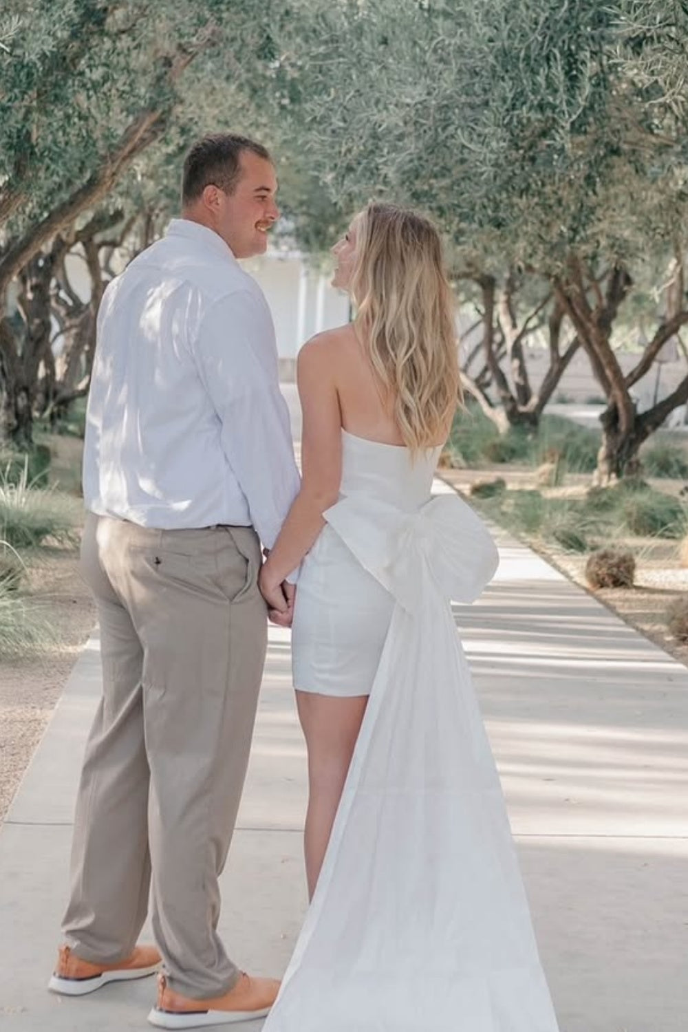 Strapless Ruched Bow Homecoming Dress with Train in White