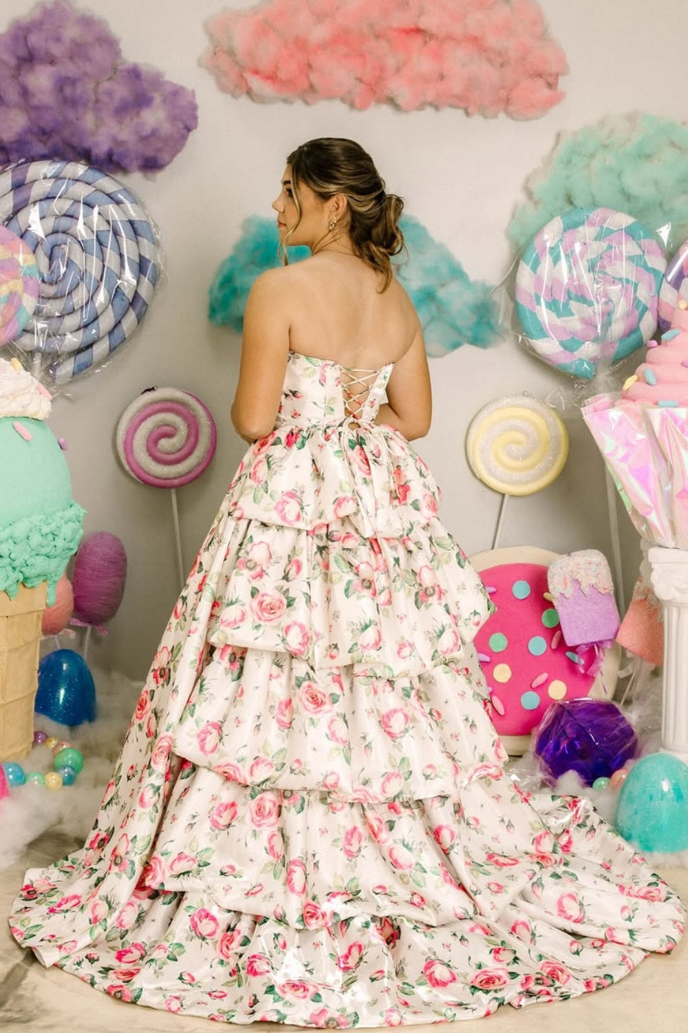 V-neck Lace-up A-line Ruffle Prom Dress in Floral