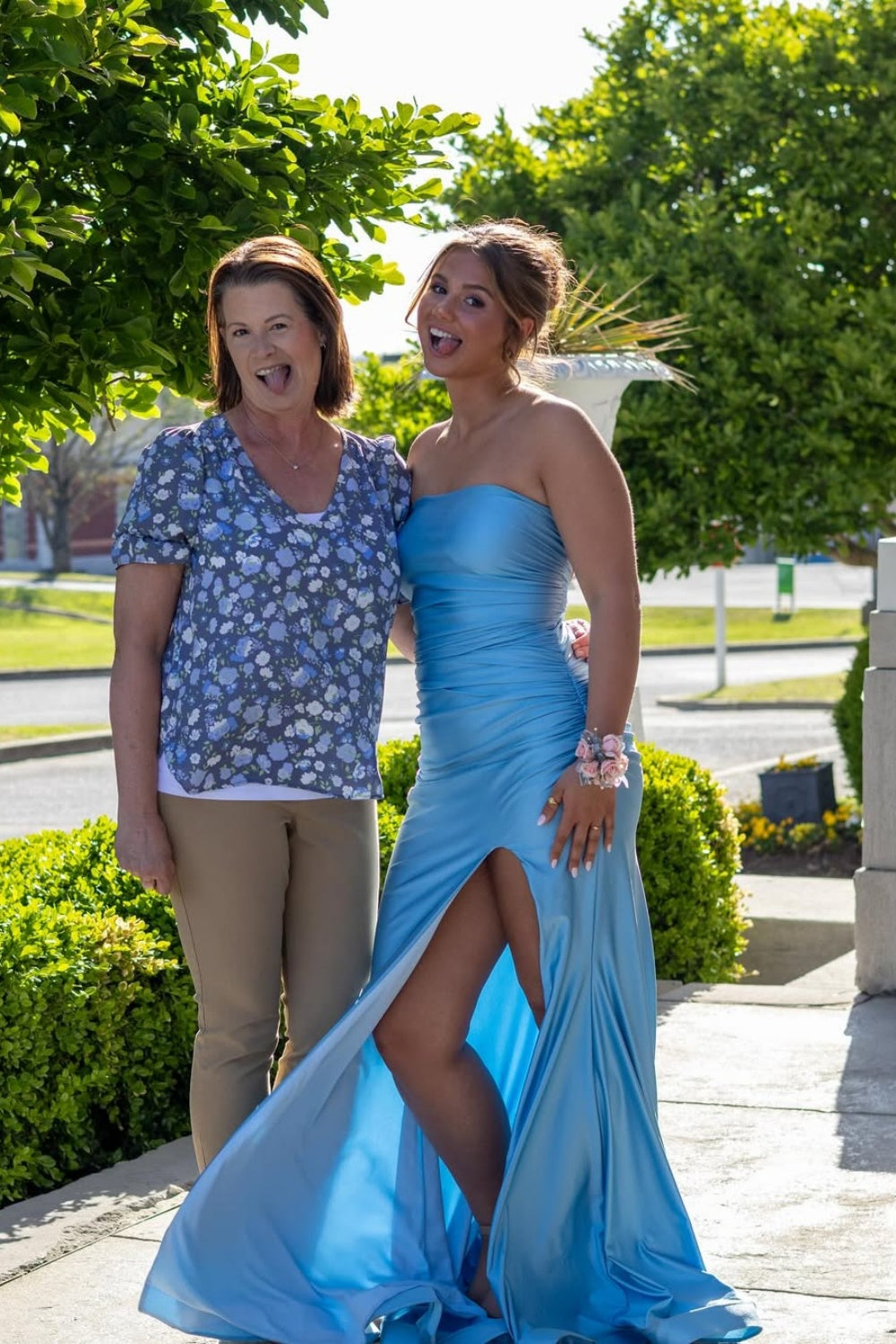 Mermaid Strapless Ruched Lace-up Prom Dress with Slit in Blue