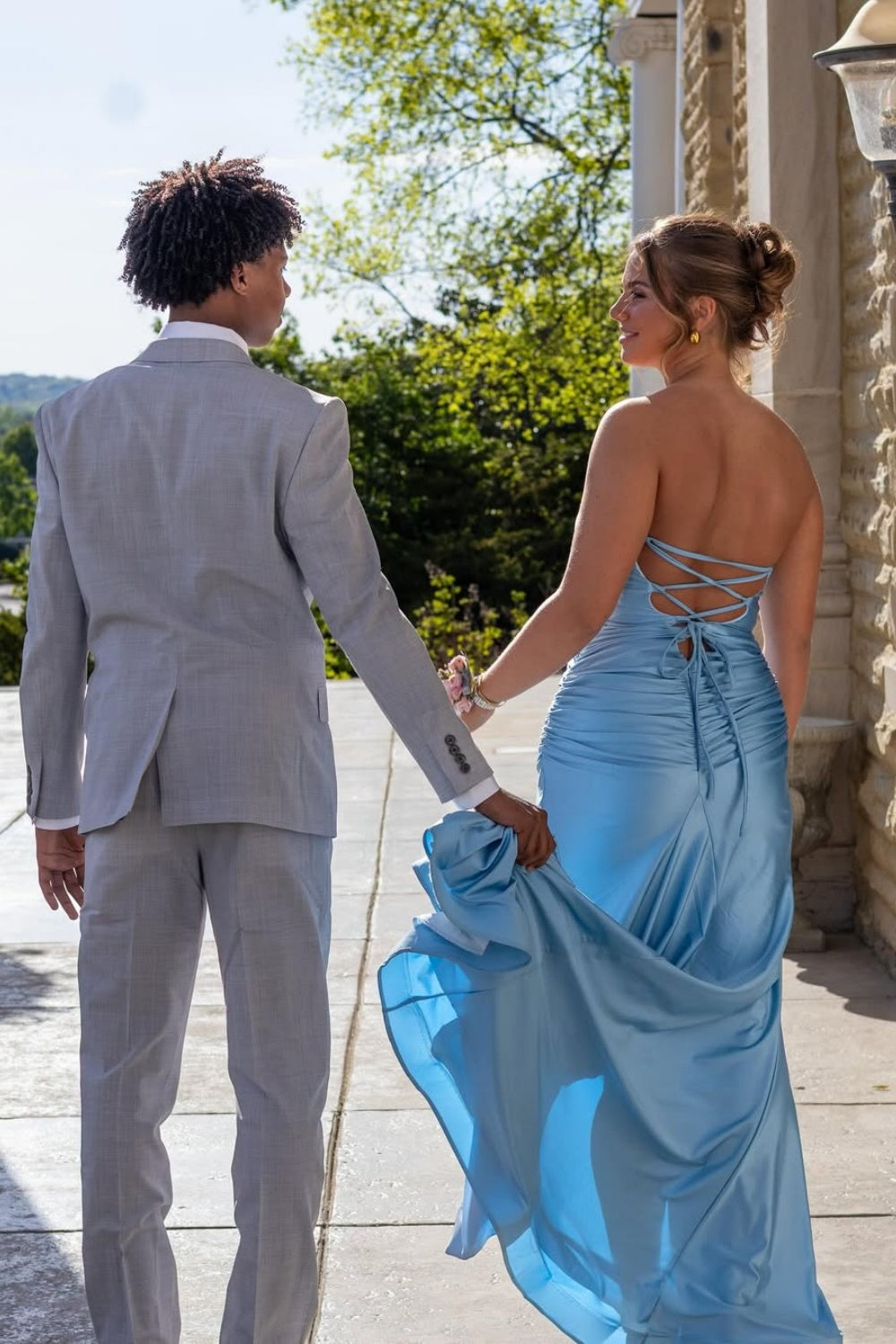 Mermaid Strapless Ruched Lace-up Prom Dress with Slit in Blue