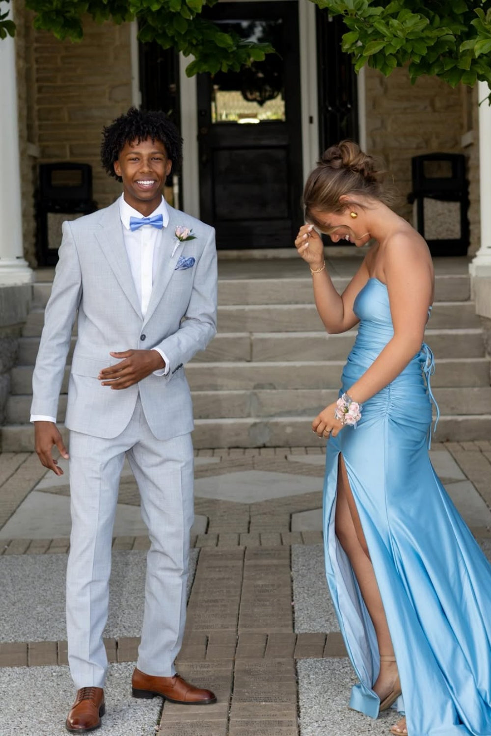 Mermaid Strapless Ruched Lace-up Prom Dress with Slit in Blue