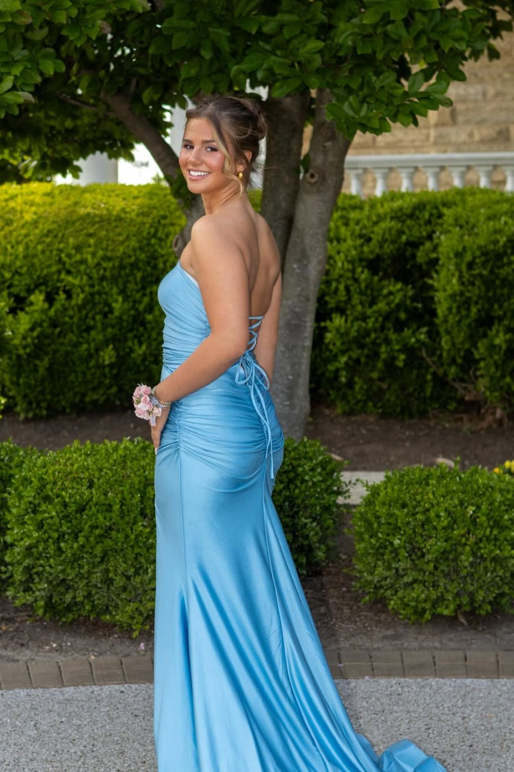 Mermaid Strapless Ruched Lace-up Prom Dress with Slit in Blue