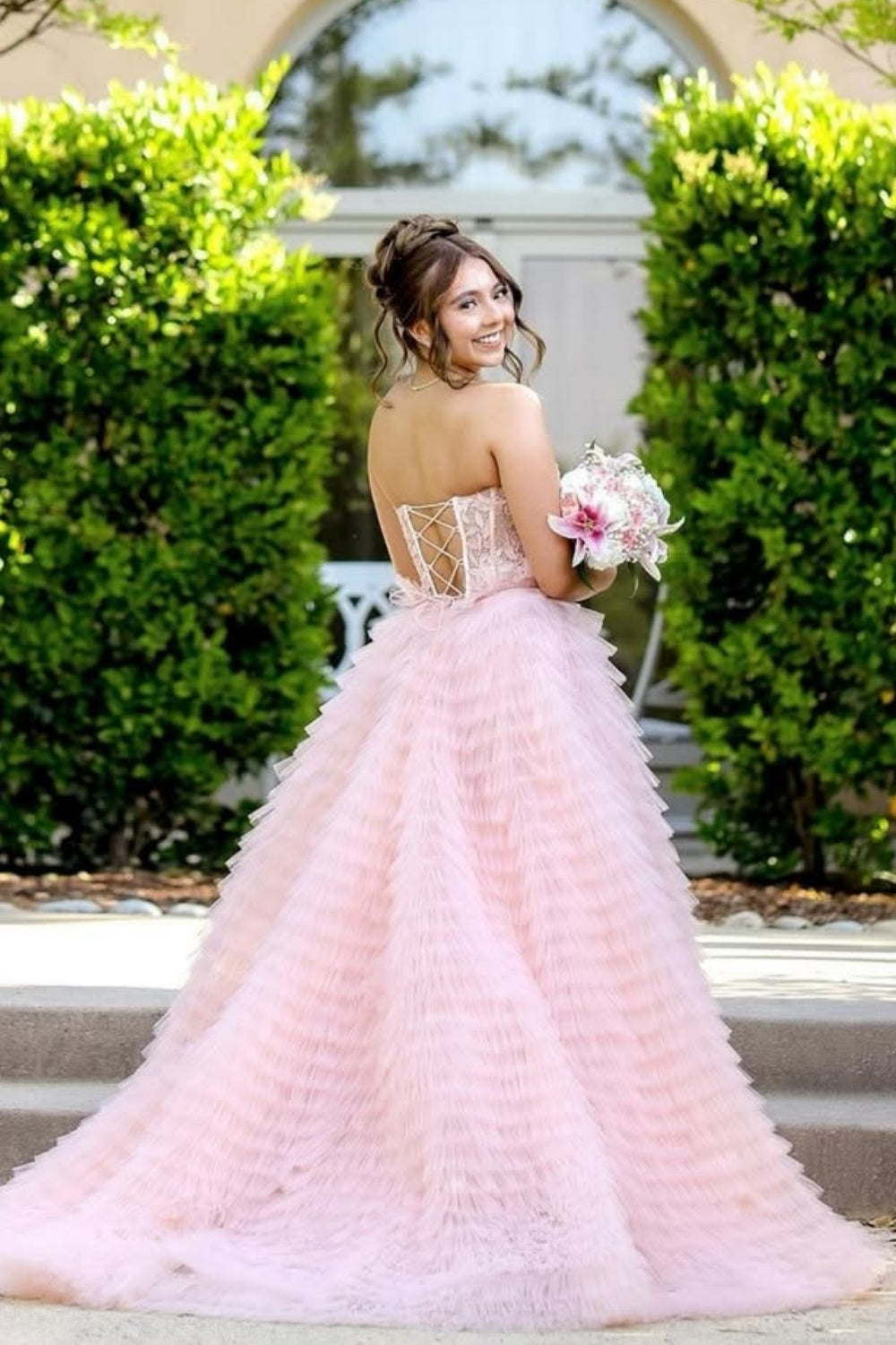 Ruffle Lace Applique Strapless Illusion Prom Dress in Pink