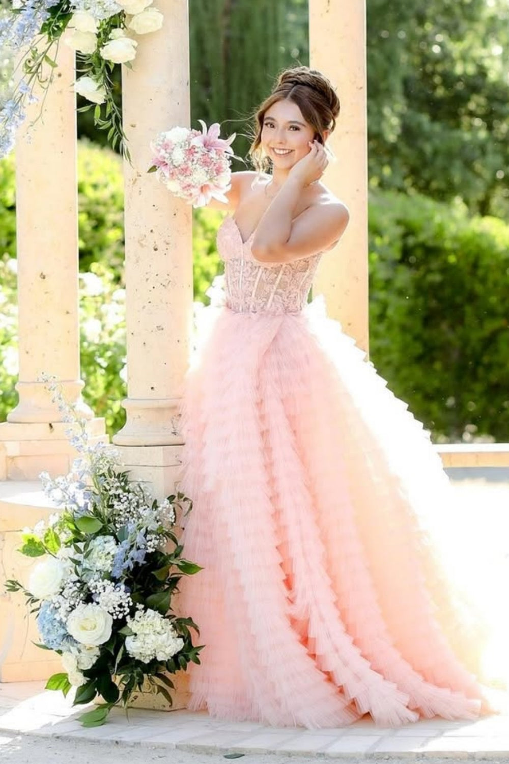 Ruffle Lace Applique Strapless Illusion Prom Dress in Pink