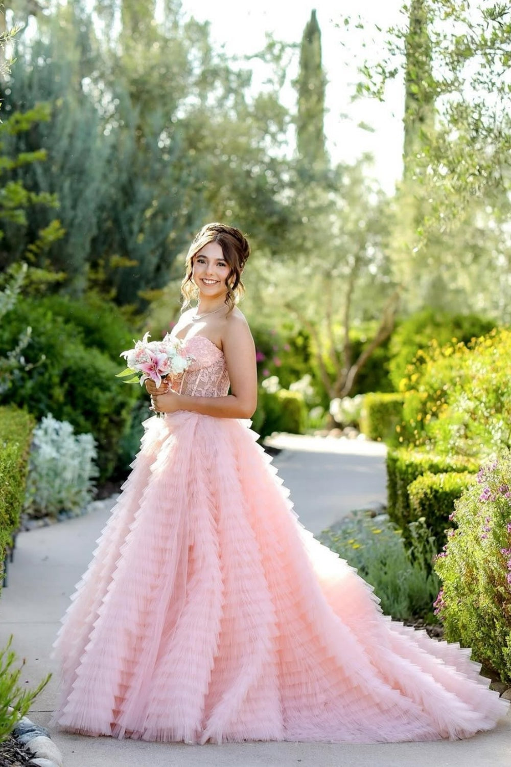 Ruffle Lace Applique Strapless Illusion Prom Dress in Pink