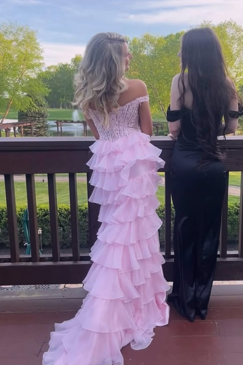 Lace Ruffle Lace Applique Off-the-shoulder A-line Prom Dress in Pink