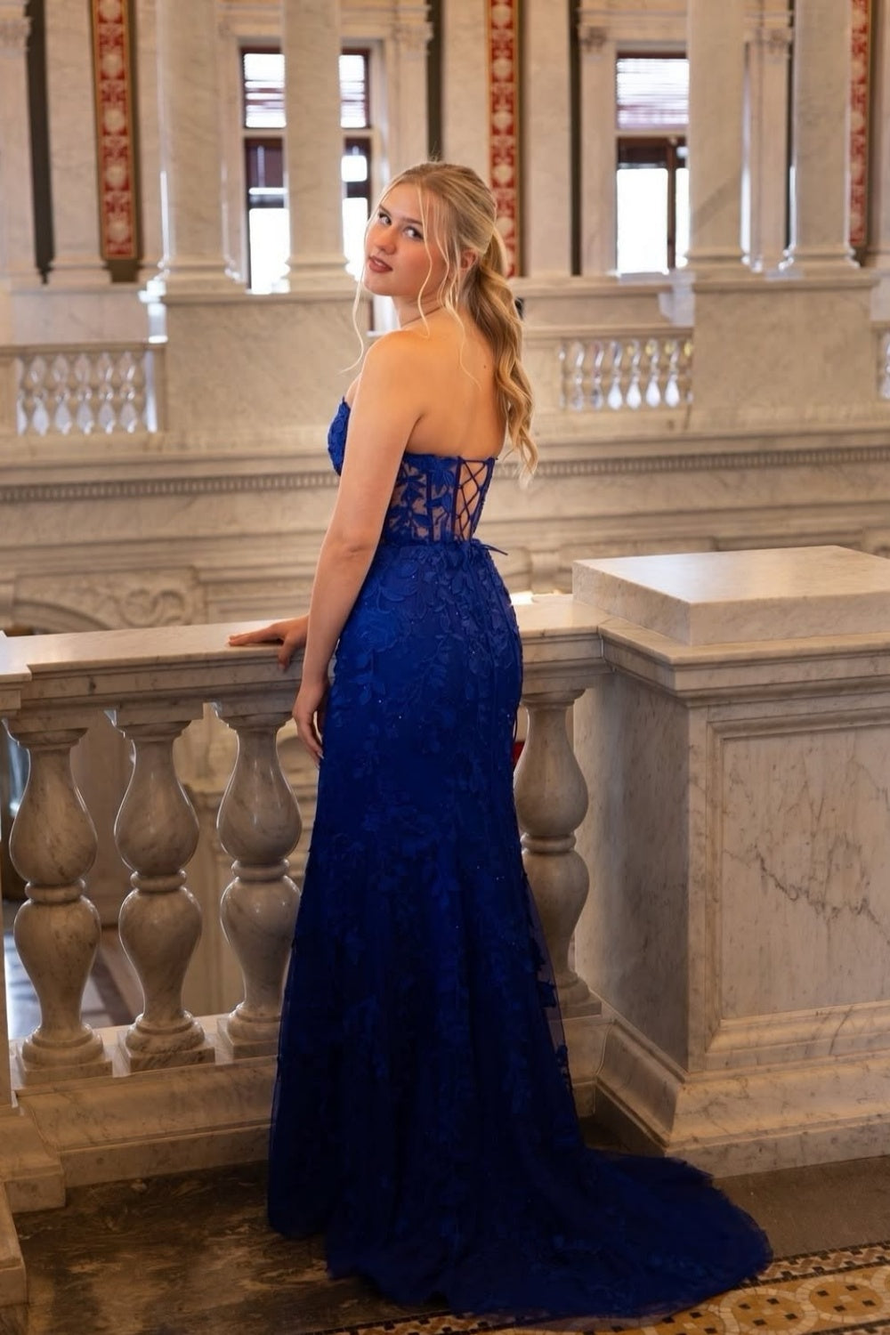 Mermaid Sweetheart Lace-up Back Prom Dress in Navy Blue