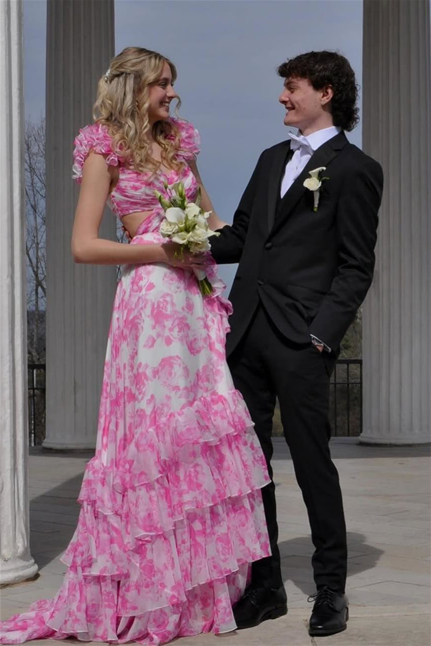 Ruffle Straps Floral Print Hollowed-out Prom Dress in Pink