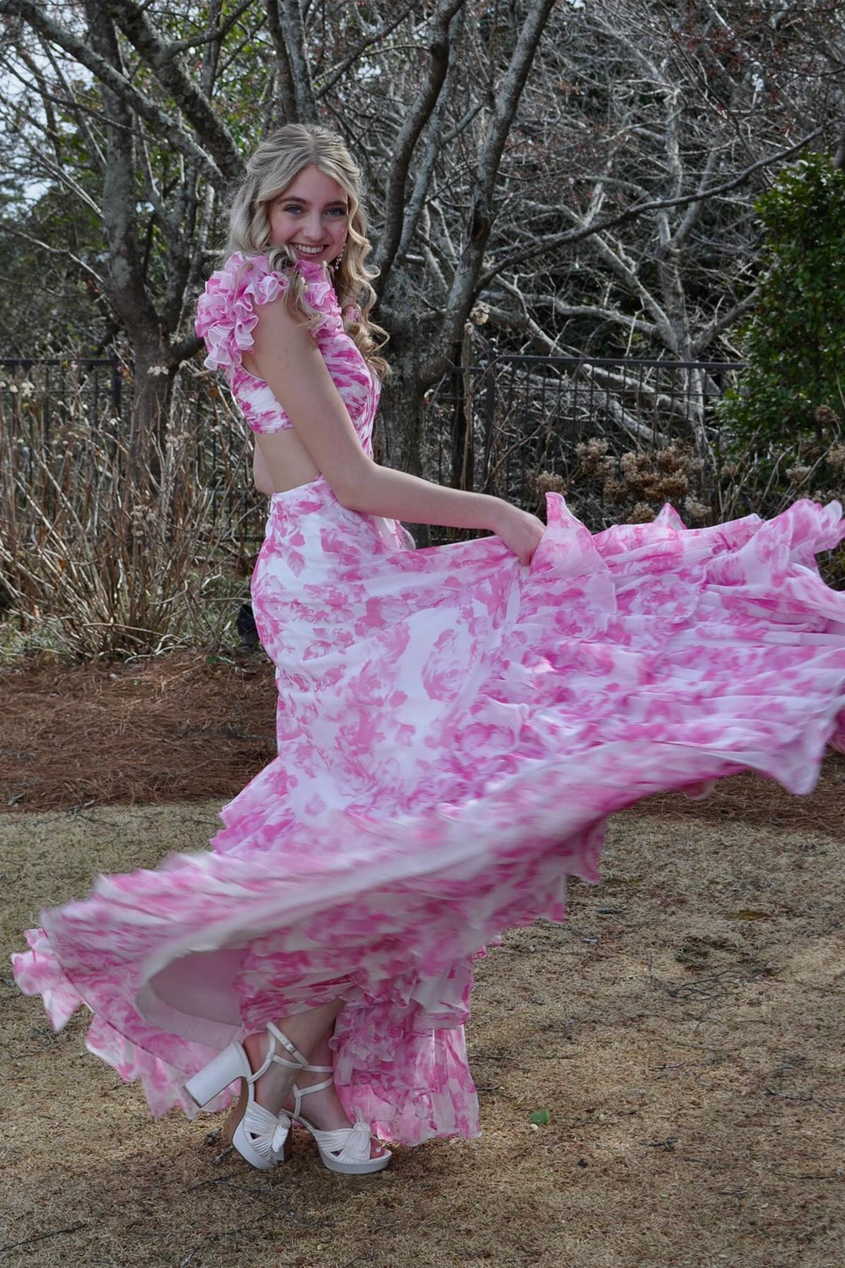 Ruffle Straps Floral Print Hollowed-out Prom Dress in Pink