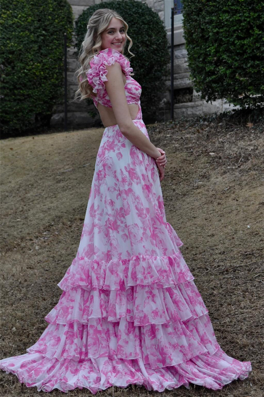 Ruffle Straps Floral Print Hollowed-out Prom Dress in Pink