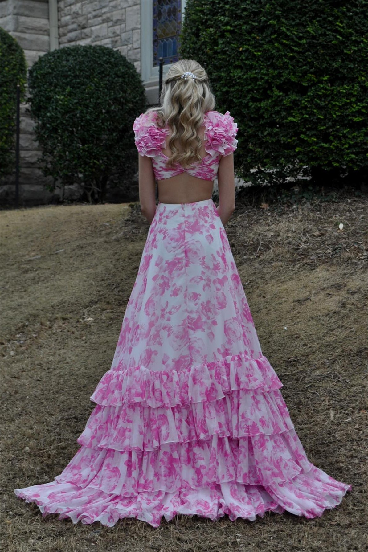 Ruffle Straps Floral Print Hollowed-out Prom Dress in Pink