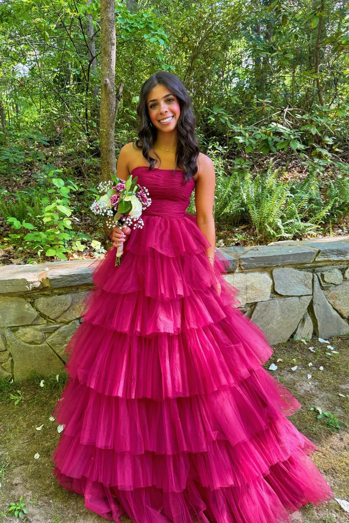 A-line Ruffle Strapless Prom Dress in Fuchsia