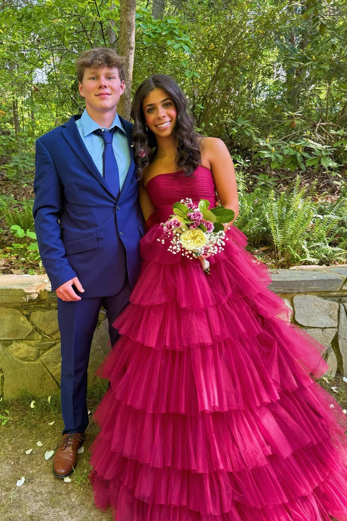 A-line Ruffle Strapless Prom Dress in Fuchsia