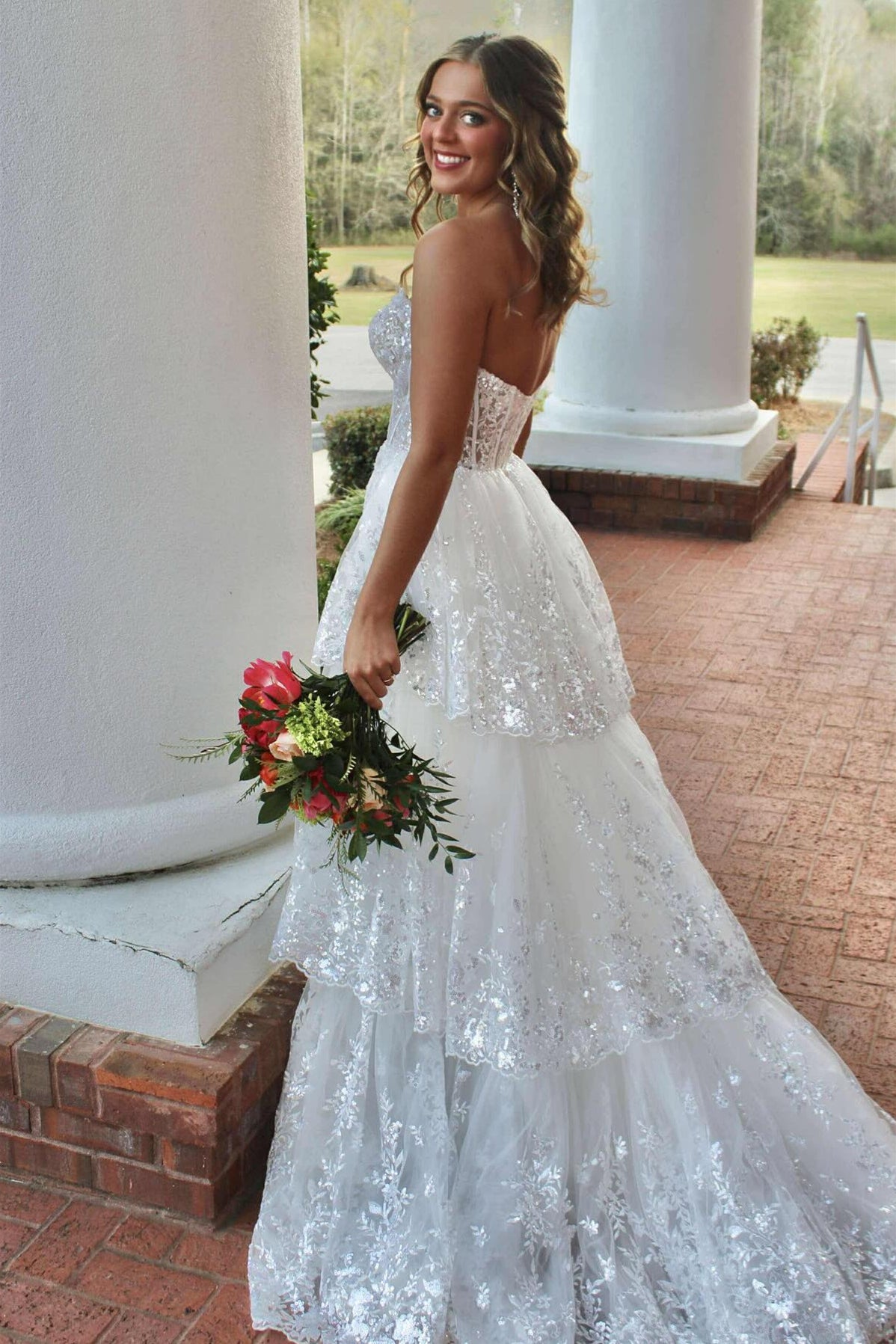 Sequin Lace Applique V-neck A-line Prom Dress with Slit in White