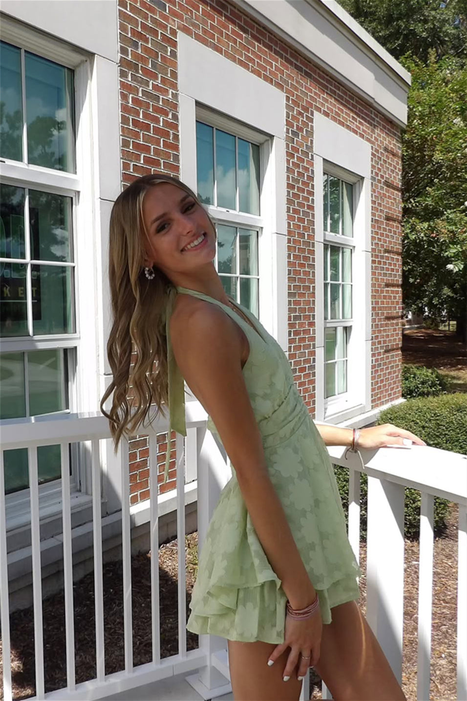 Flower Print Halter A-line Ruffle Homecoming Dress in Pistachio