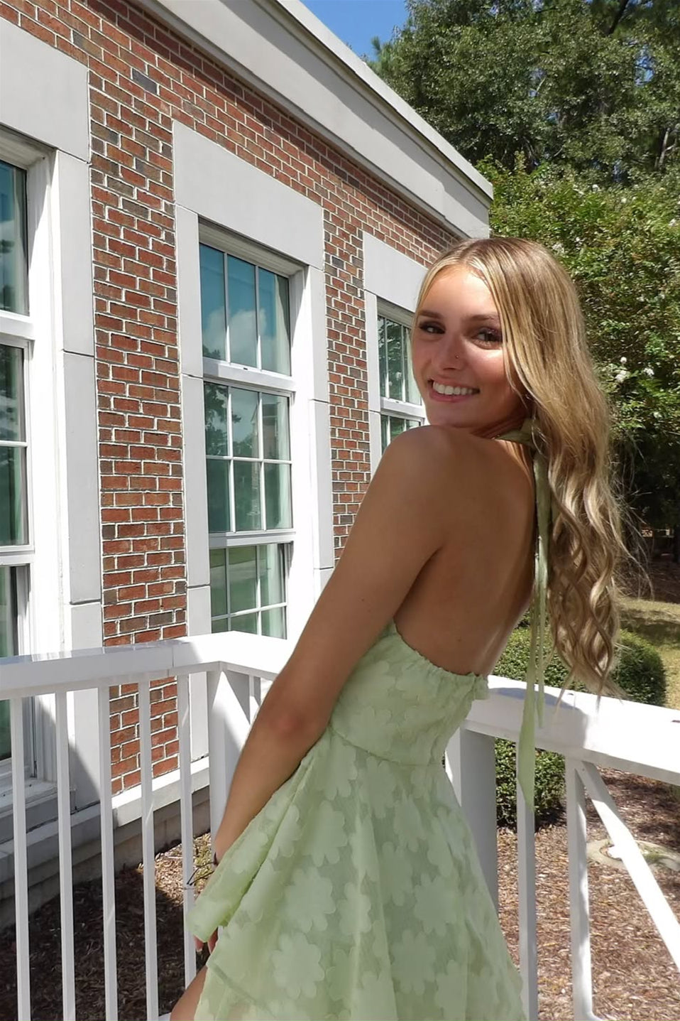 Flower Print Halter A-line Ruffle Homecoming Dress in Pistachio