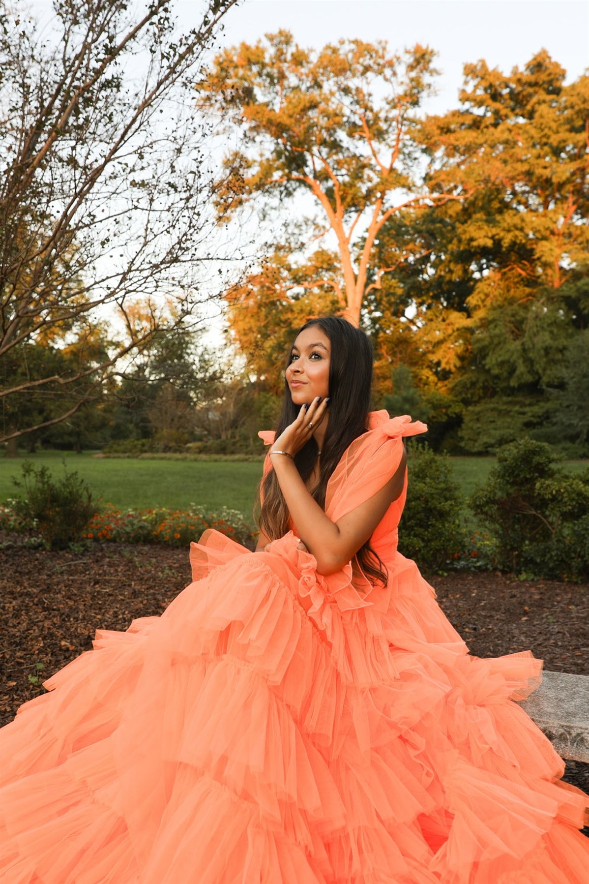 Bow Straps Plunging V-neck A-line Ruffle Prom Dress in Orange