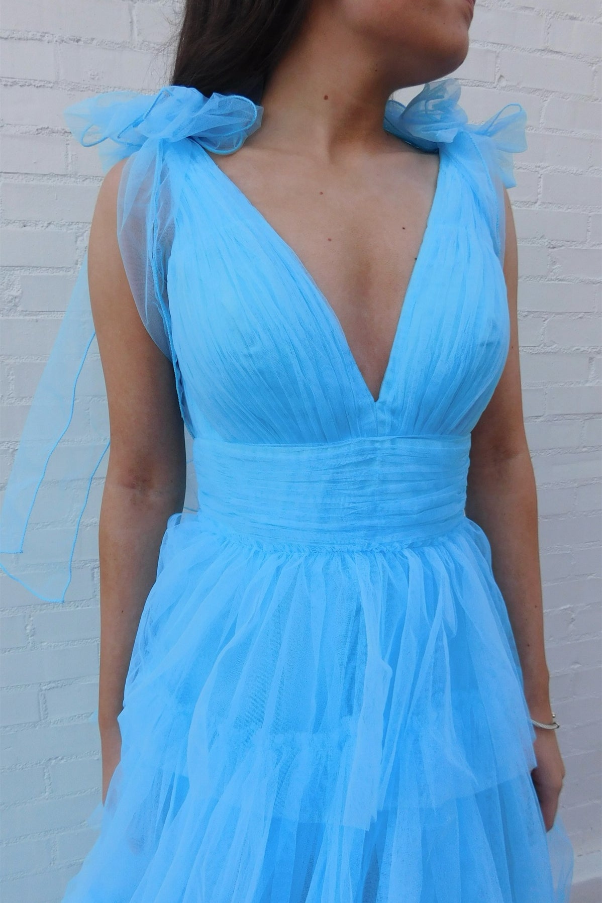 Bow Straps Plunging V-neck A-line Ruffle Prom Dress in Orange
