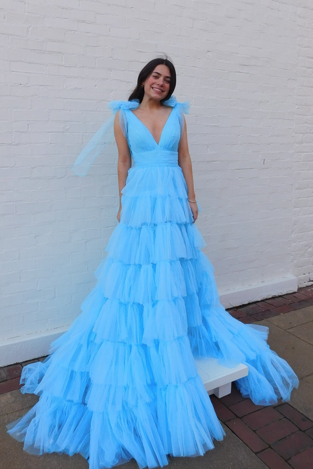 Bow Straps Plunging V-neck A-line Ruffle Prom Dress in Orange