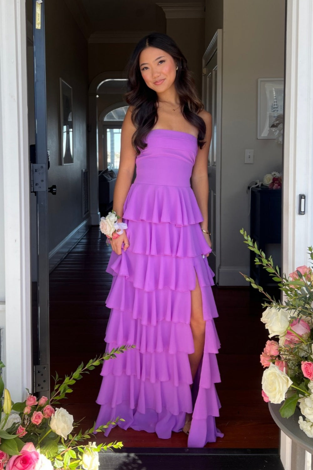 Strapless A-line Ruffle Lace-up Back Prom Dress in Purple