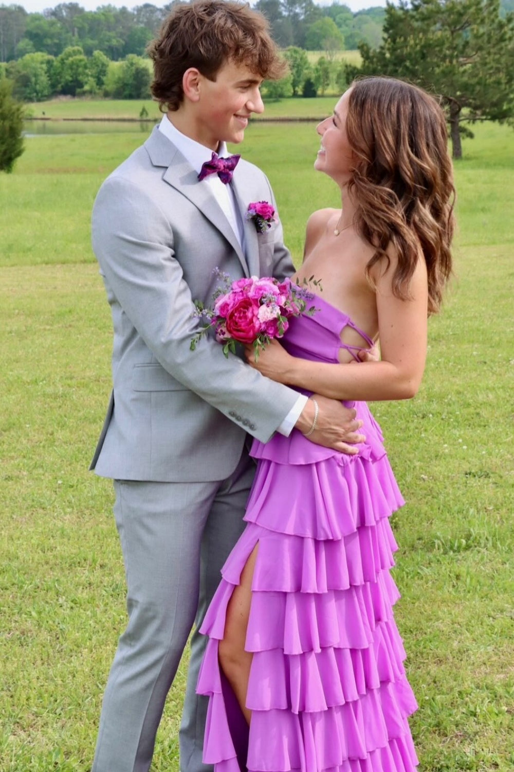 Strapless A-line Ruffle Lace-up Back Prom Dress in Purple