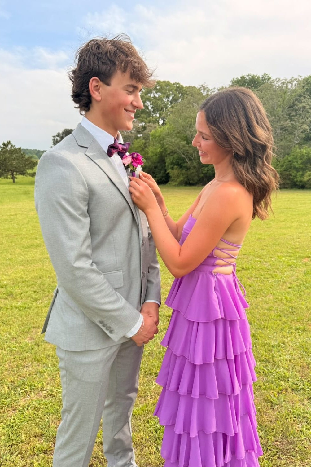 Strapless A-line Ruffle Lace-up Back Prom Dress in Purple