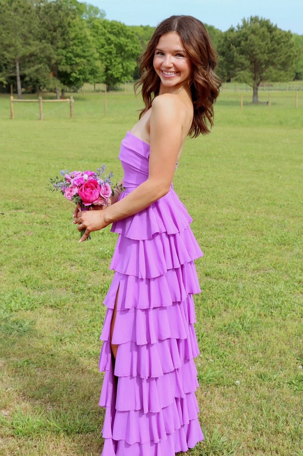 Strapless A-line Ruffle Lace-up Back Prom Dress in Purple