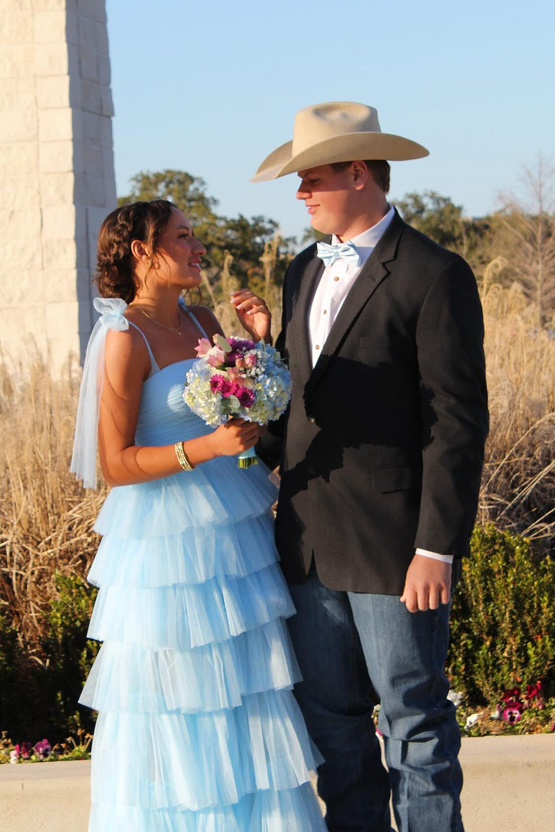 Bow Straps A-line Ruffle Lace-up Back Prom Dress in Blue
