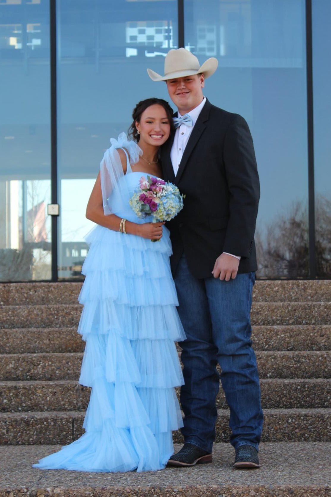 Bow Straps A-line Ruffle Lace-up Back Prom Dress in Blue
