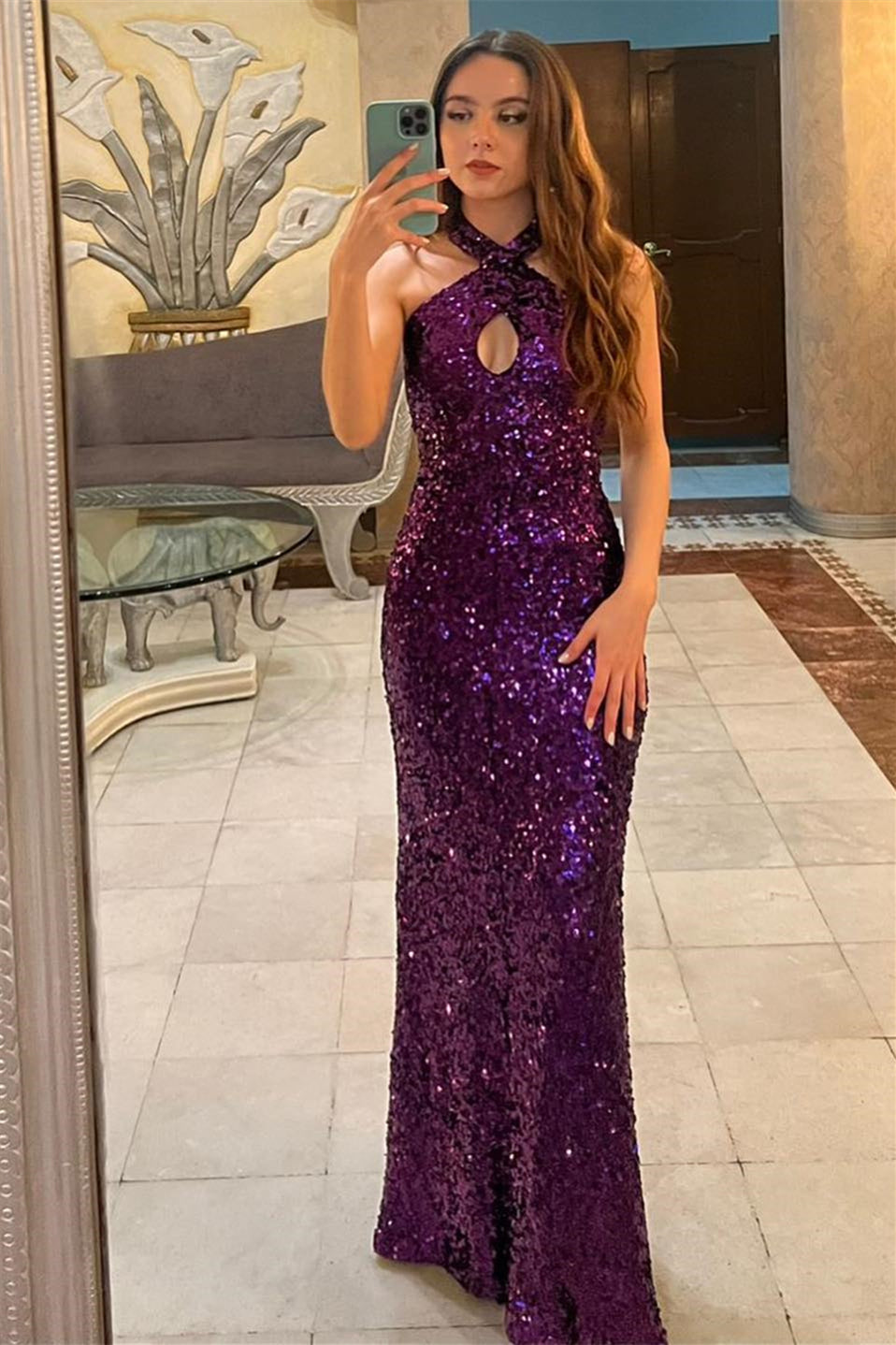 Sequin Halter Hollowed-out Fitted Prom Dress in Purple