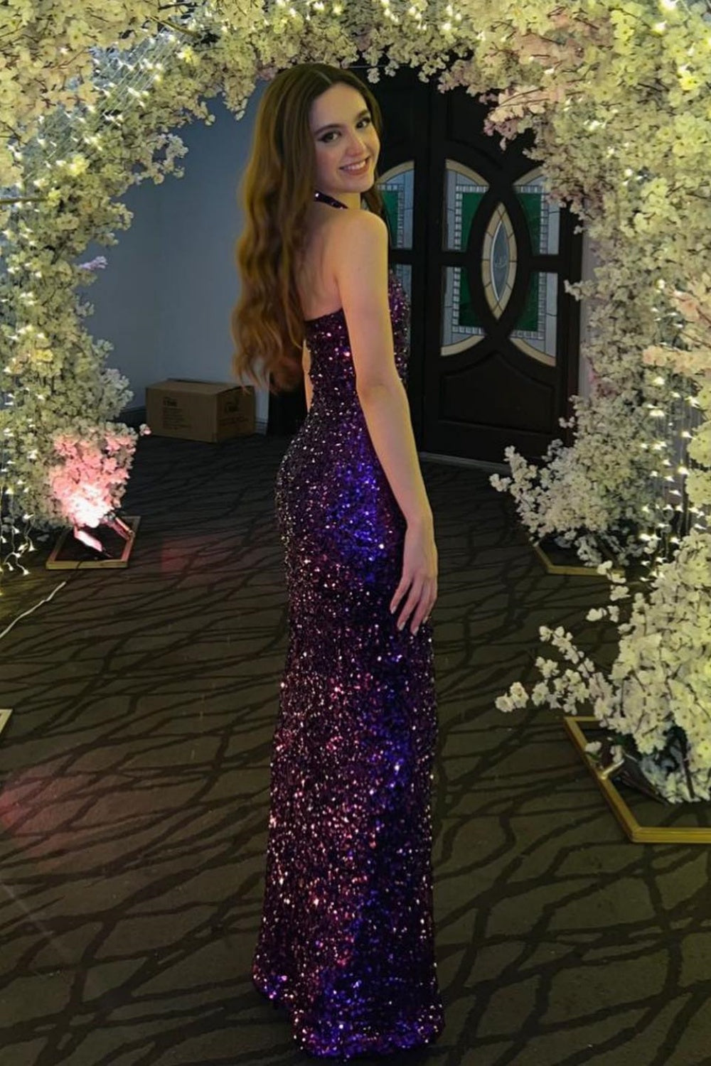 Sequin Halter Hollowed-out Fitted Prom Dress in Purple