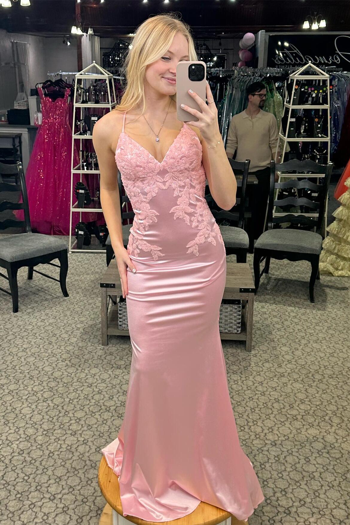 Lace Applique Spaghetti Strap Mermaid Prom Dress in Pink