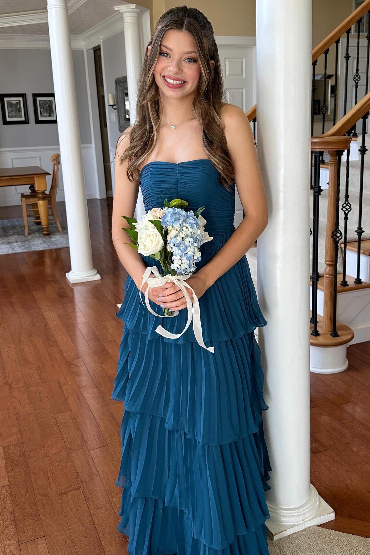 Pleated Strapless A-line Ruffle Prom Dress in Sage Green