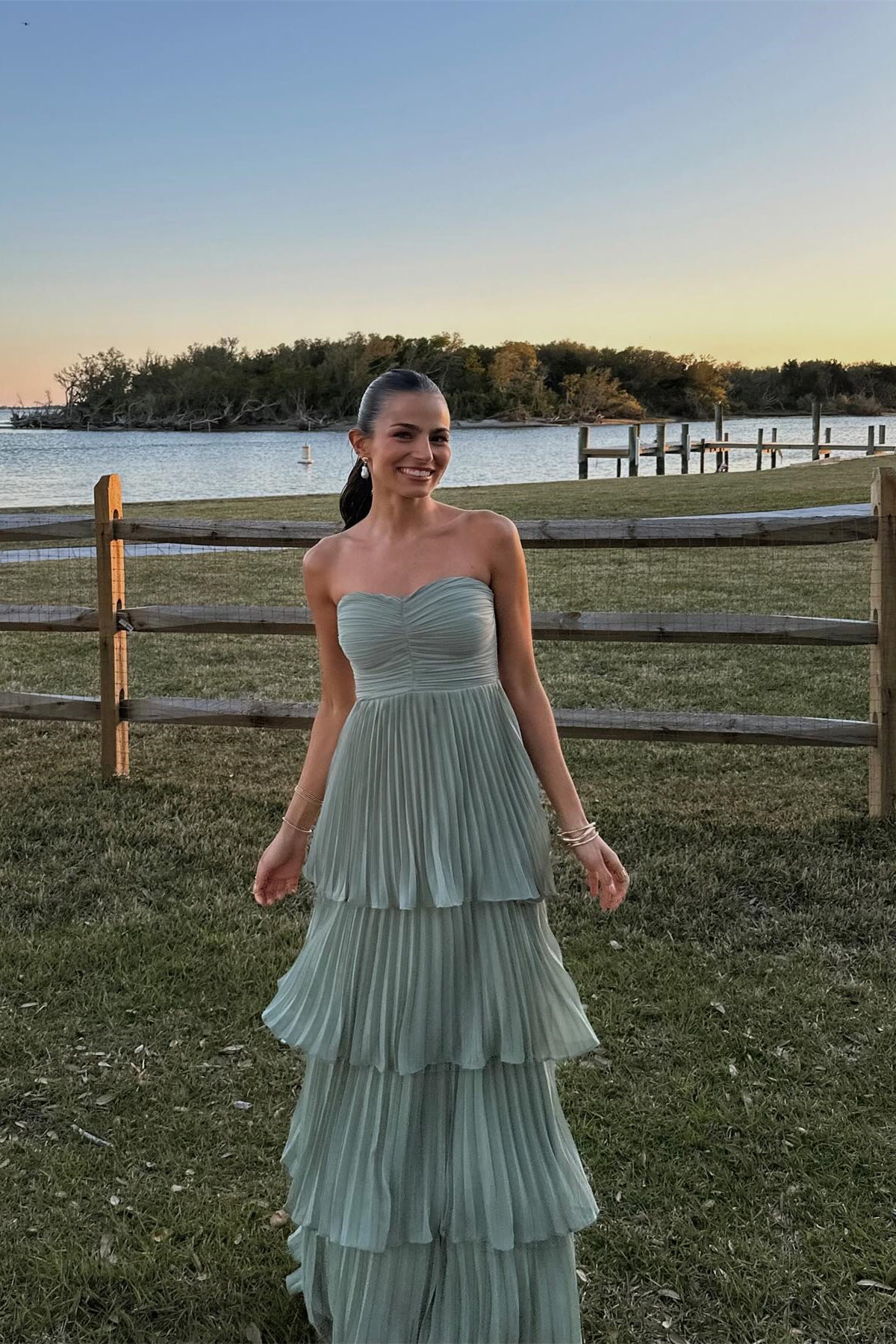 Pleated Strapless A-line Ruffle Prom Dress in Sage Green