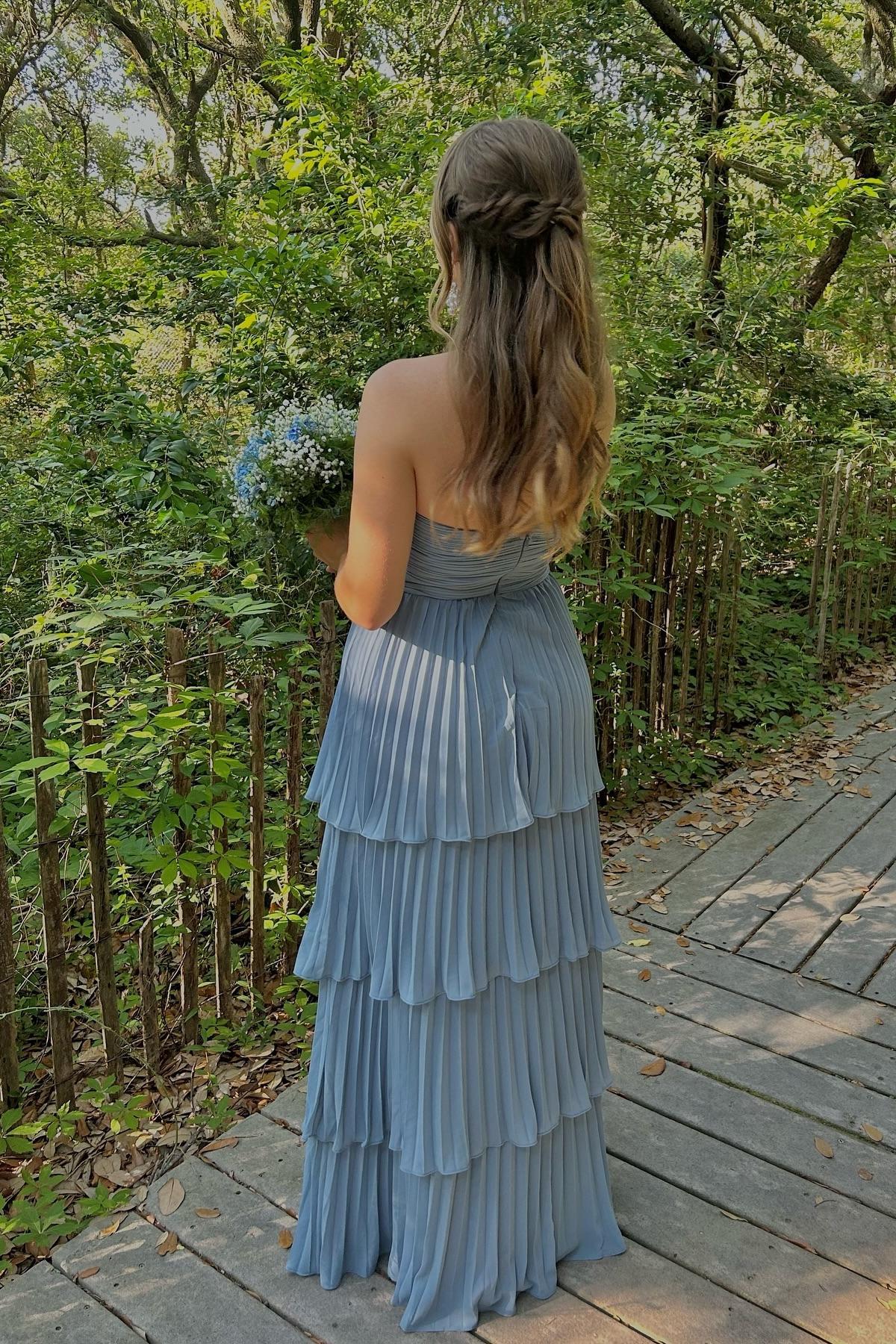 Pleated Strapless A-line Ruffle Prom Dress in Sage Green