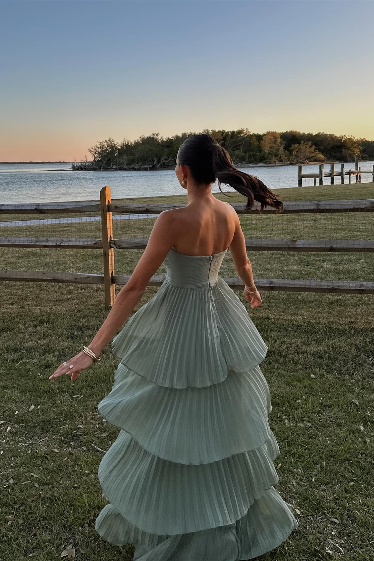 Pleated Strapless A-line Ruffle Prom Dress in Sage Green
