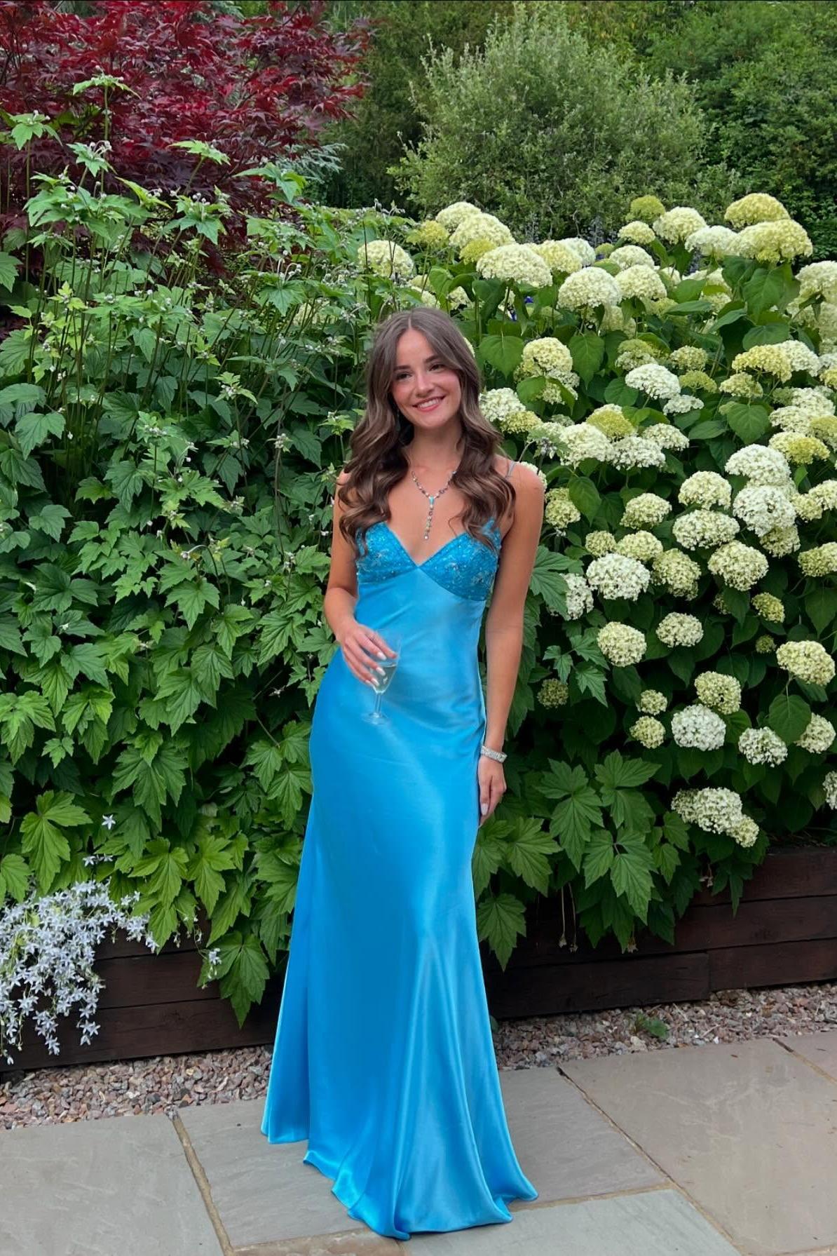 Beaded Spaghetti Strap Fitted Prom Dress in Blue