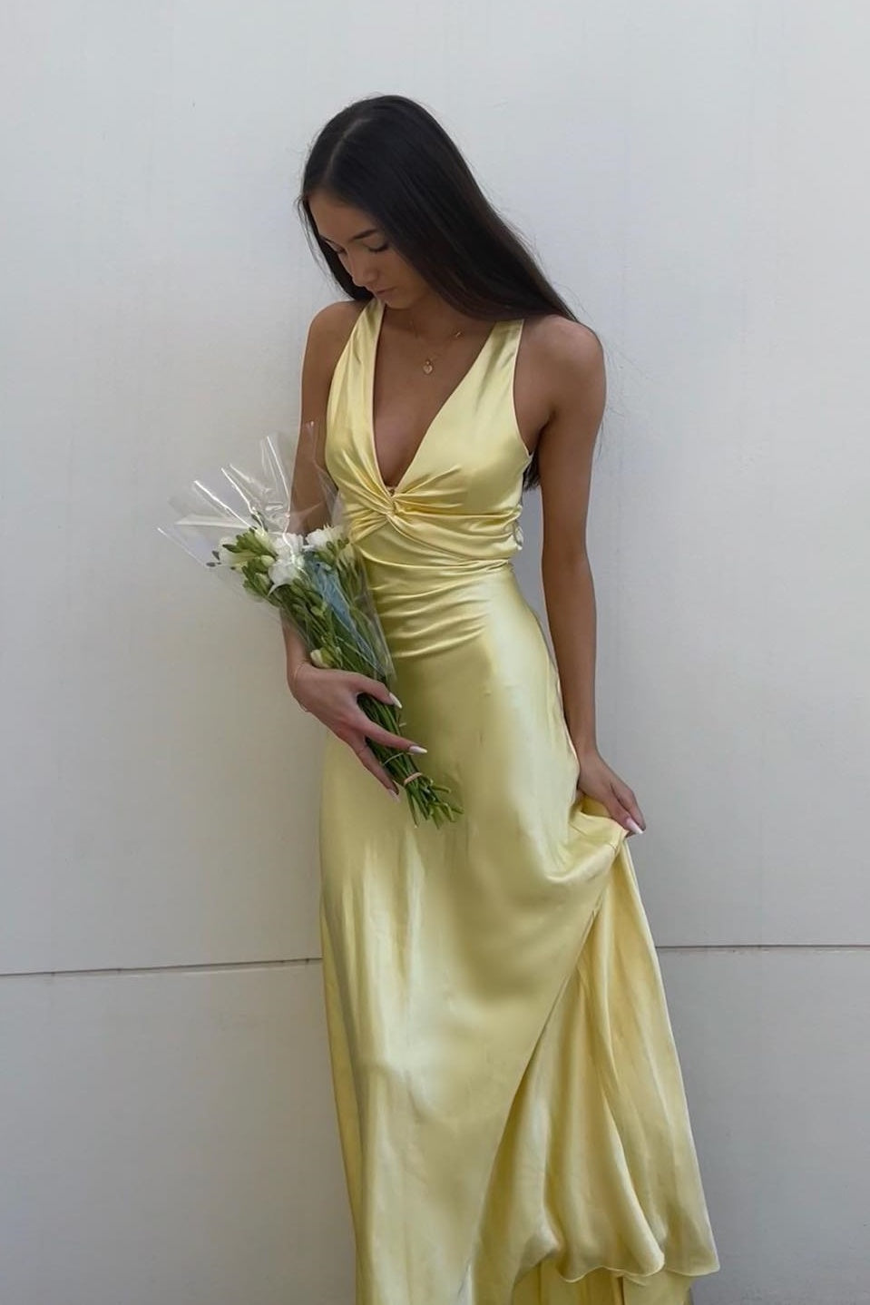 Plunging V-neck Ruched Fitted Prom Dress in Yellow