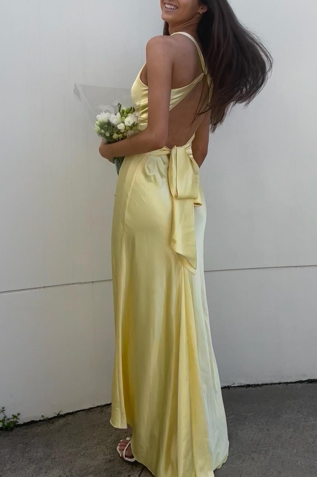 Plunging V-neck Ruched Fitted Prom Dress in Yellow
