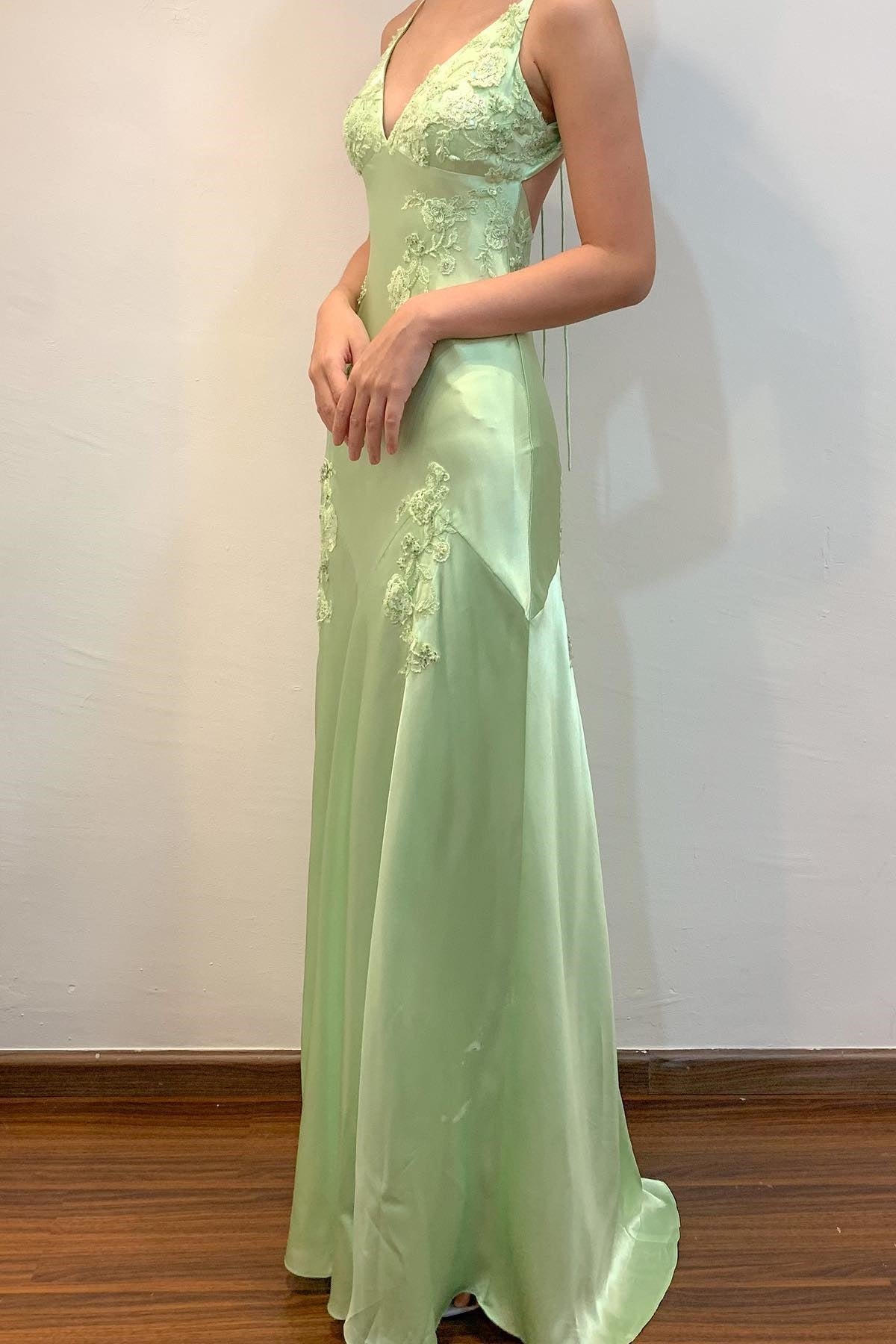 Lace Applique A-line Open Back Prom Dress in Cyan