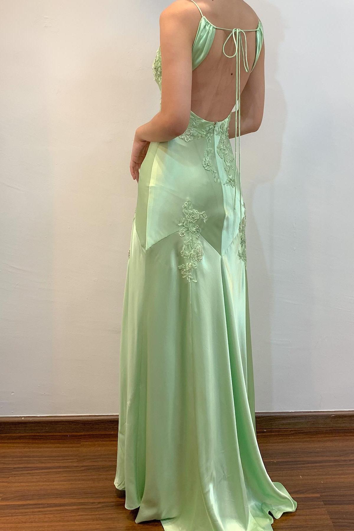 Lace Applique A-line Open Back Prom Dress in Cyan