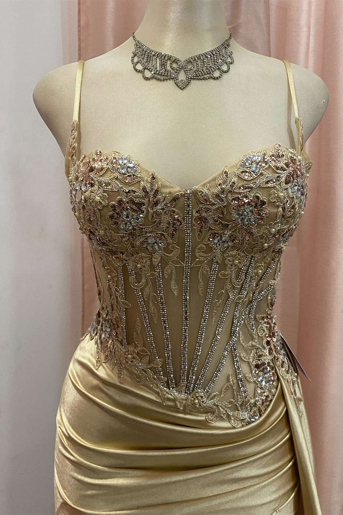 Lace Applique Beaded Mermaid Spaghetti Strap Prom Dress in Golden