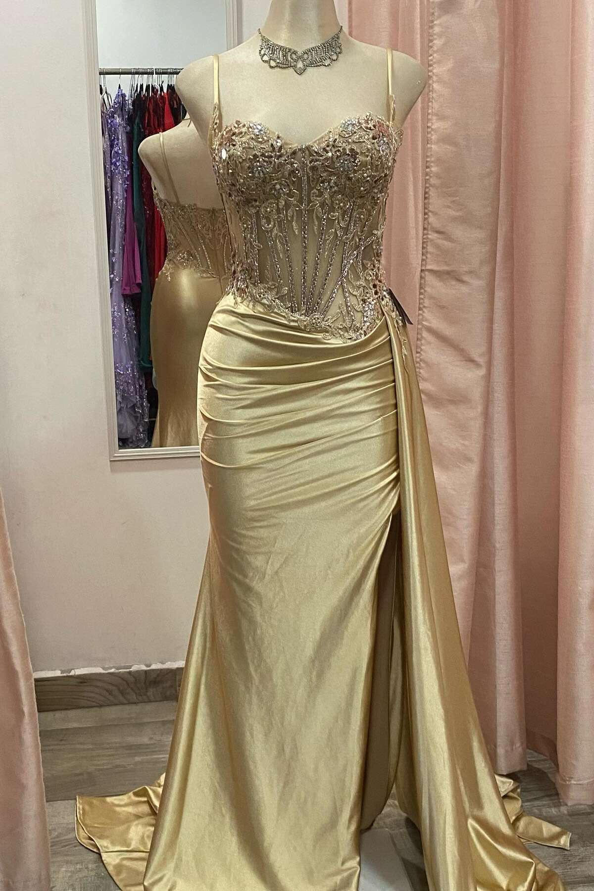 Lace Applique Beaded Mermaid Spaghetti Strap Prom Dress in Golden