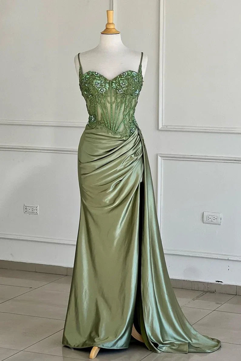 Lace Applique Beaded Mermaid Spaghetti Strap Prom Dress in Golden