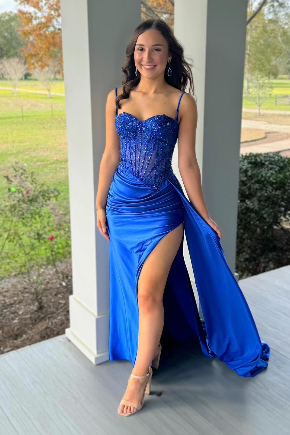 Lace Applique Beaded Mermaid Spaghetti Strap Prom Dress in Golden